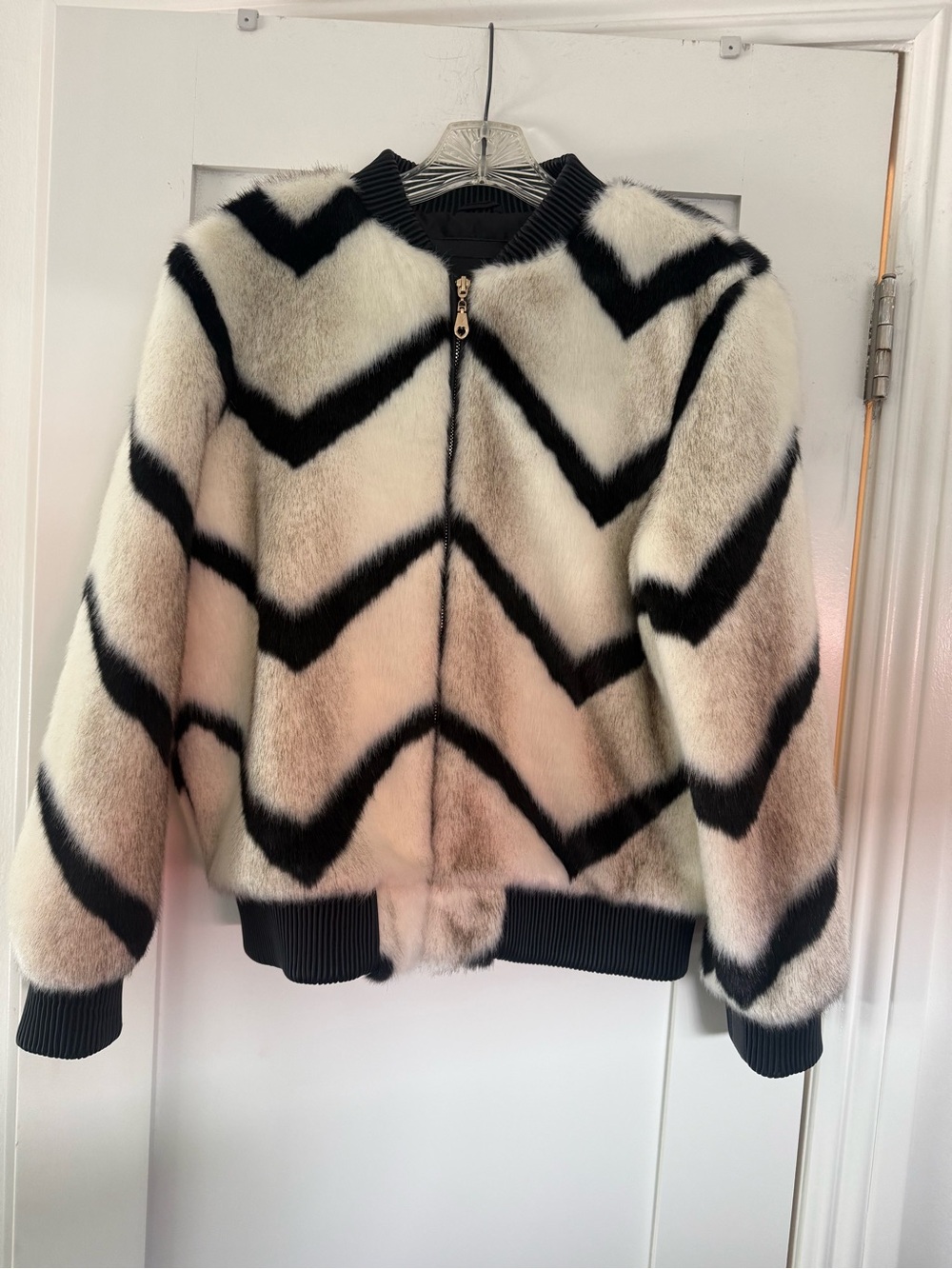 Beulah Black & Cream Chevron Faux Fur Bomber Jacket